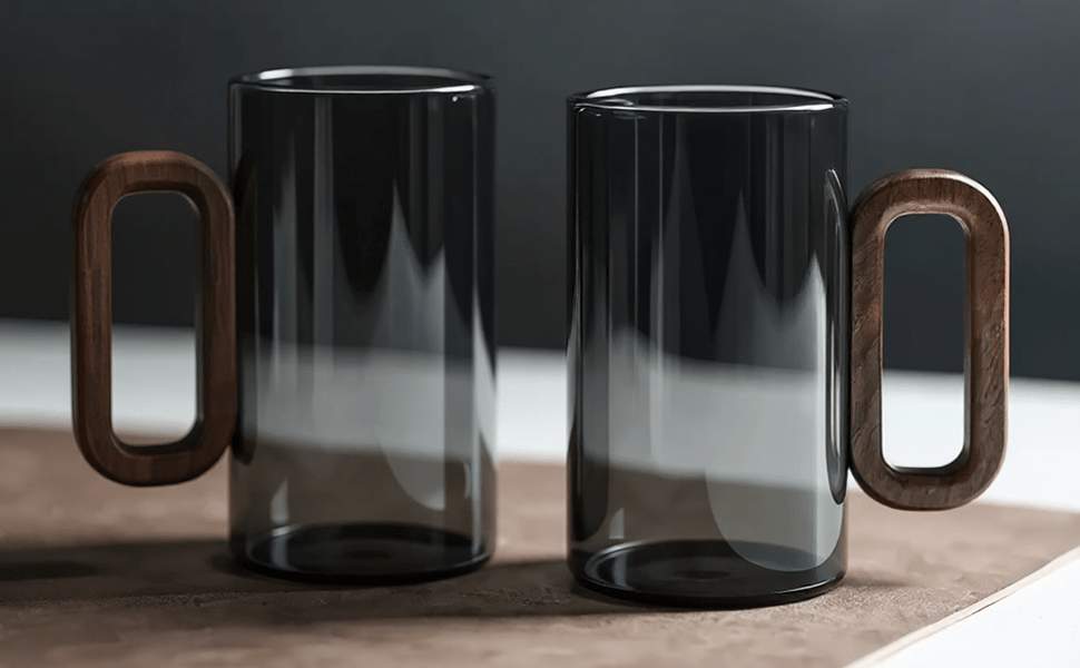 Smoky Blue Glass Cups with Wooden Handles – Six Pack