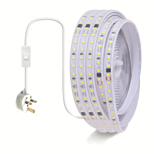 AC 220V 230V LED Strip Lights, 120leds/m 7W/meter Flexible Indoor Lighting Lamp, Led Ribbon Adhesive High Brightness, White Or Warm White For Kitchen, Garden, Home Room Decoration, With UK Power Plug And Switch