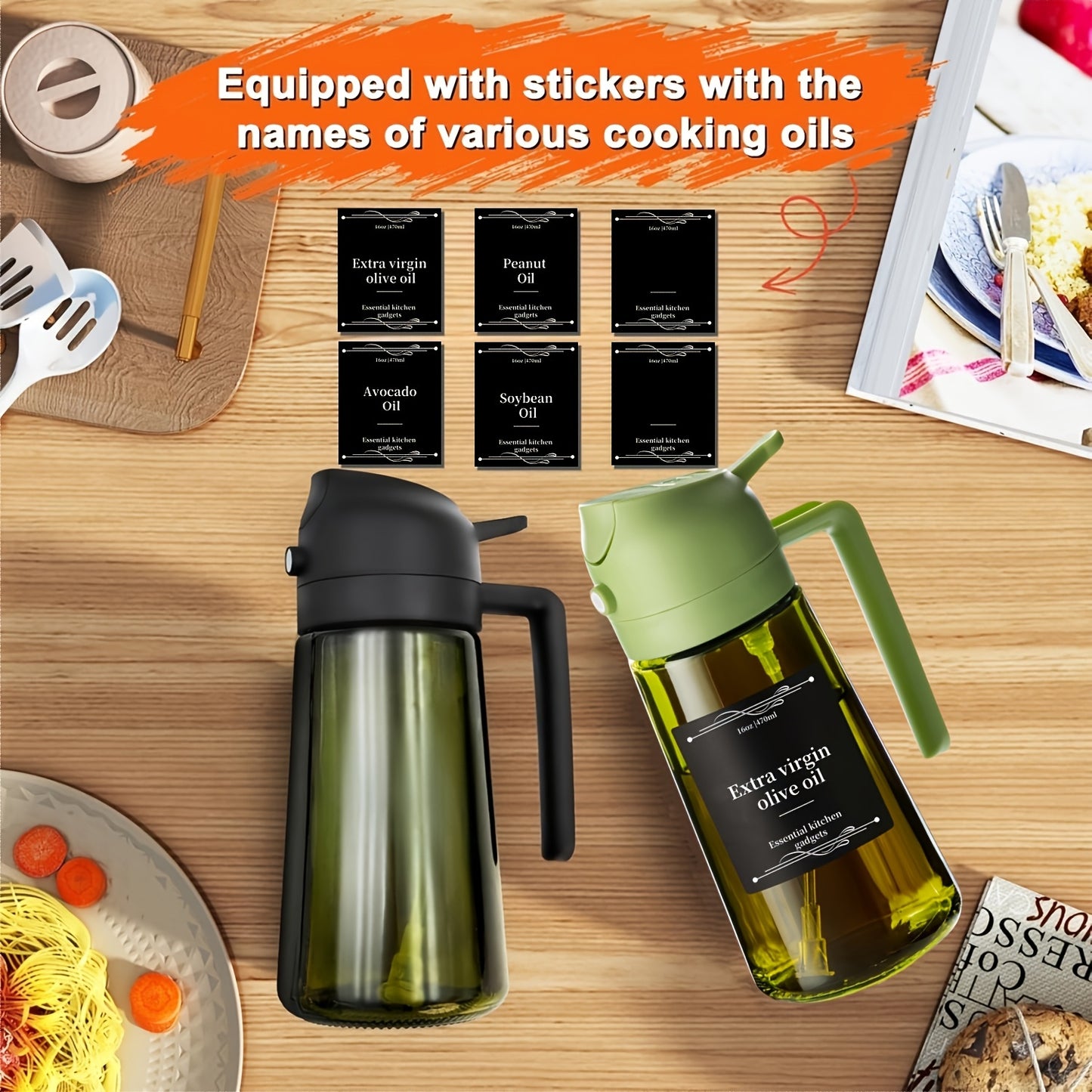 Set of 2 Kitchen Glass Olive Oil Dispensers, a 2-In-1 Oil Bottle And Cooking Sprayer, 16-Ounce Premium Dark Green Glass Oil Bottle, Cooking Oil Dispenser, Kitchen Oil Sprayer, Includes 6 Stickers, Suitable for Grilling, Rvs, Salads
