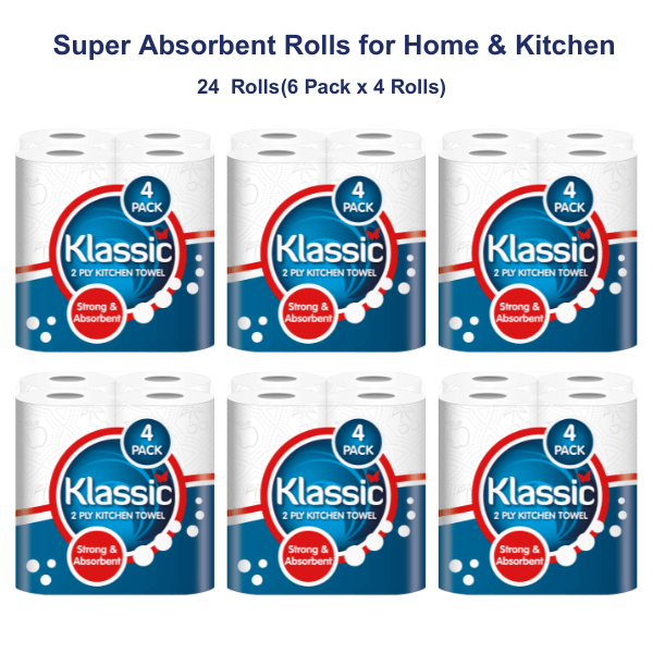 24 Kitchen Towel Rolls, Premium 2-Ply Super Absorbent Paper Towels, Strong Multipurpose Cleaning Rolls, Bulk Value Pack (6 Packs x 4 Rolls) for Home & Kitchen