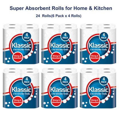 24 Kitchen Towel Rolls, Premium 2-Ply Super Absorbent Paper Towels, Strong Multipurpose Cleaning Rolls, Bulk Value Pack (6 Packs x 4 Rolls) for Home & Kitchen