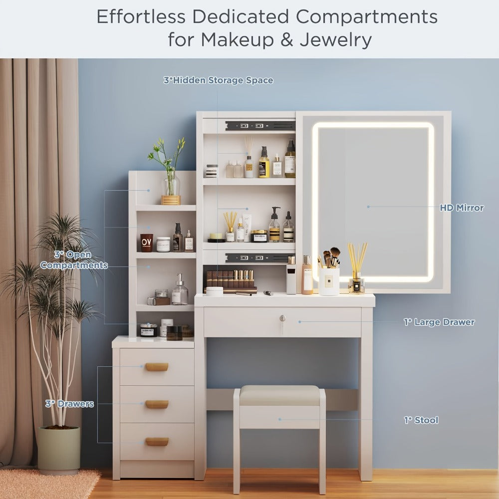 Dressing Table with LED Lights, Sliding Mirror & Stool – 4 Drawers, 5 Open Compartments, USB Makeup Vanity Table, Modern White Bedroom Furniture