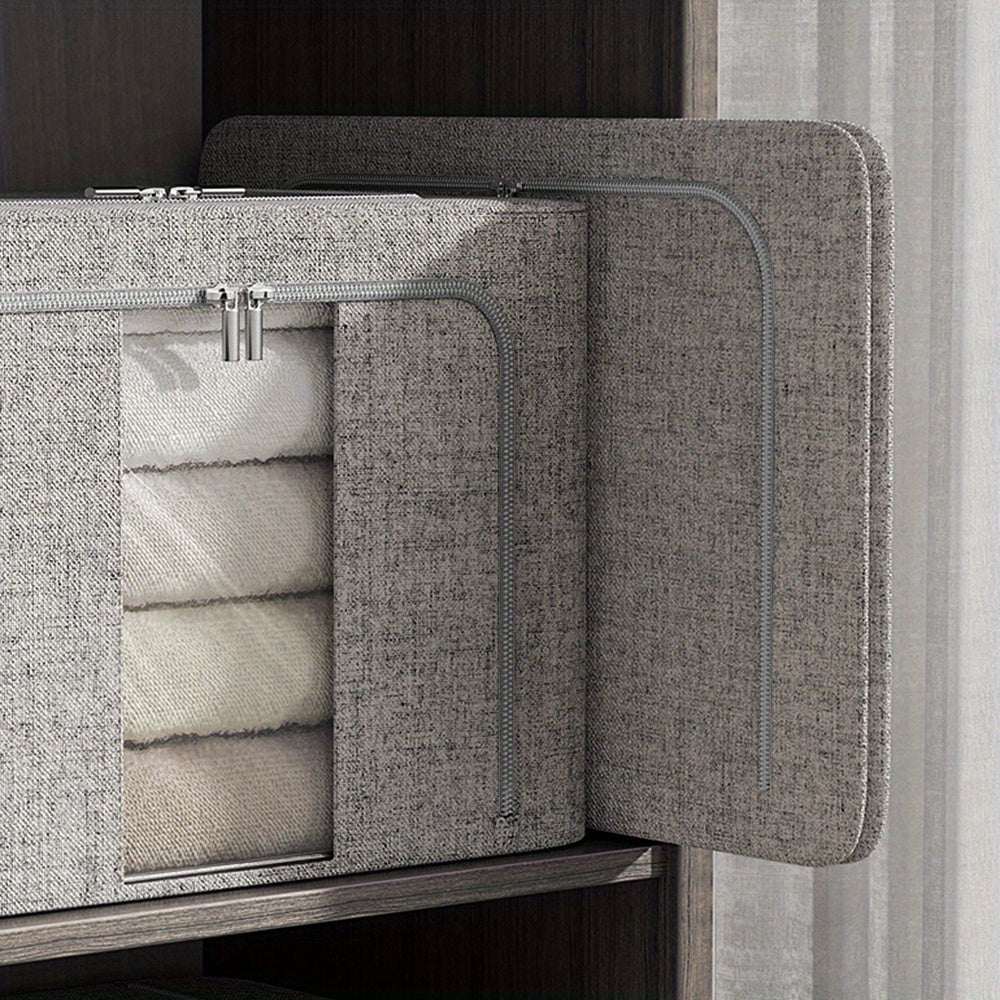 66L Foldable Storage Box with Clear Windows - Extra Thick Cotton Linen Fabric Organizer Bins | Space-Saving Stackable Design for Clothes, Blankets & Bedding Storage (Zipper Closure, Wardrobe Essential)