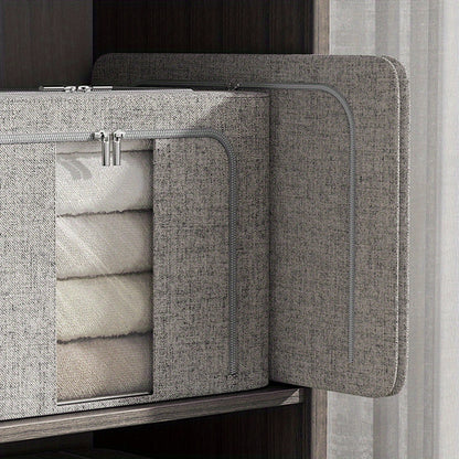 66L Foldable Storage Box with Clear Windows - Extra Thick Cotton Linen Fabric Organizer Bins | Space-Saving Stackable Design for Clothes, Blankets & Bedding Storage (Zipper Closure, Wardrobe Essential)