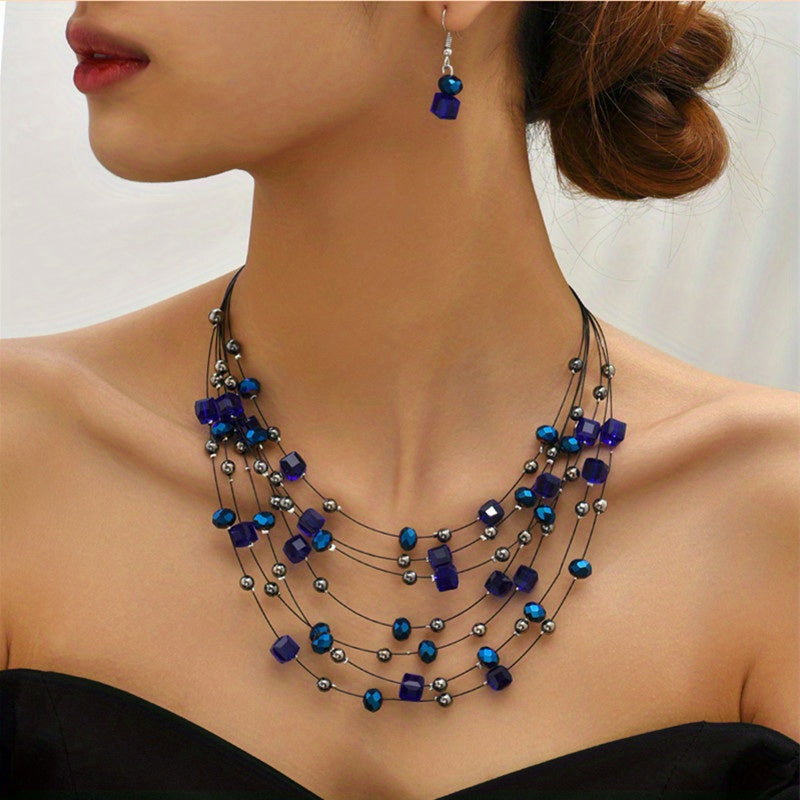 Elegant Boho Jewelry Set: Multilayer Square Necklace & Earrings | Resin, Ideal for Banquet, Daily Wear or Gifts