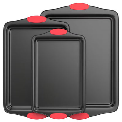 3pcs Heavy-Duty Carbon Steel Non Stick Baking Tray Set - Commercial Grade Oven Biscuit Baking Tray with Red Silicone Texture Anti Slip Layer, No Sharp Edges, Suitable for Home And Professional Kitchens, Ovens, Grills, Compatible with Various Baking Scenar