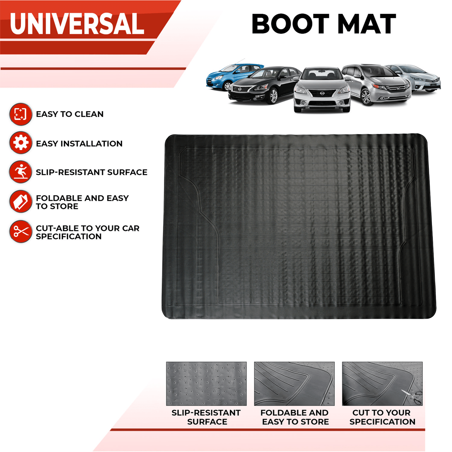 Black Rubber Car Boot Mat - 125 x 81 cm – Universal Car Boot Protector Non-Slip Heavy-Duty Rubber Mats for Cars SUV Truck and VAN, Waterproof - Trim To Fit