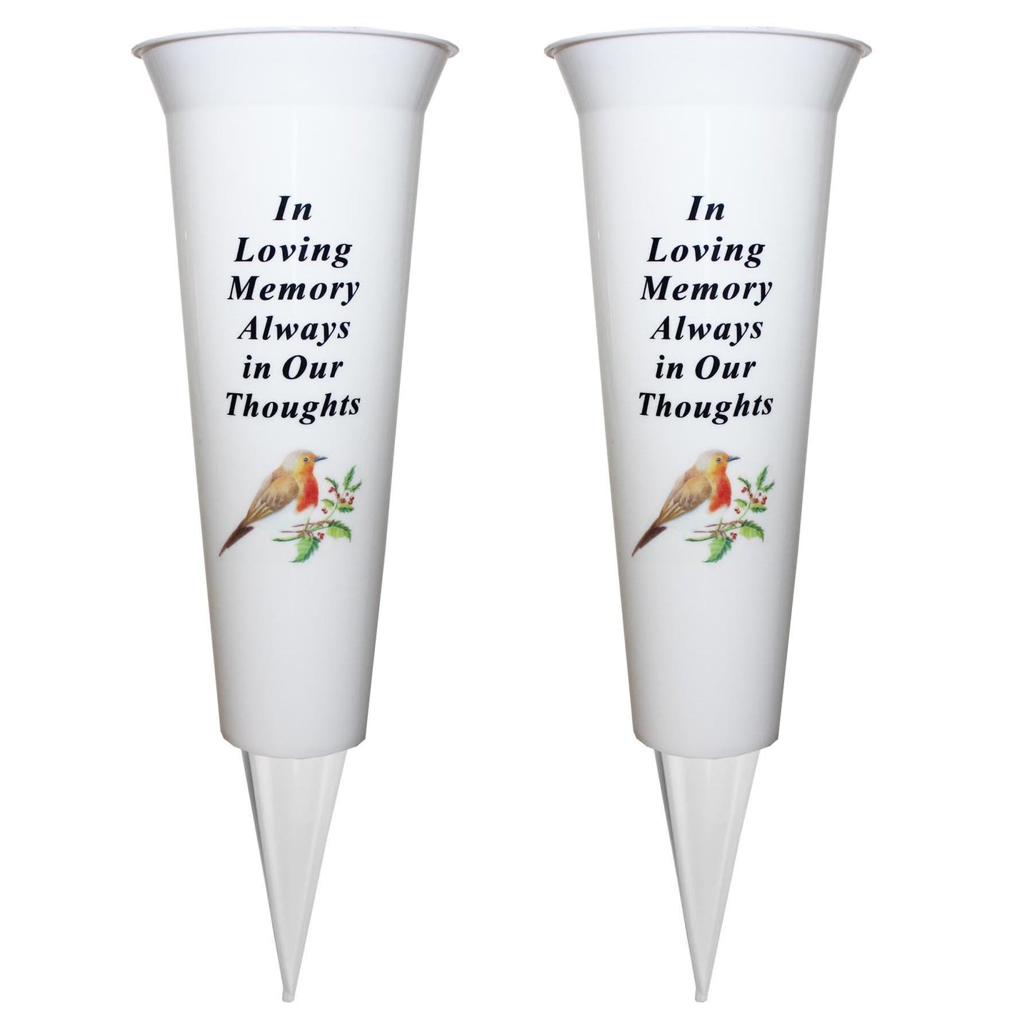 Set of 2 Memorial Grave Flower Pot - 33cm tall Sturdy White Memorial Graveside Flower Vase with Spike and Robin Image - In Loving Memory