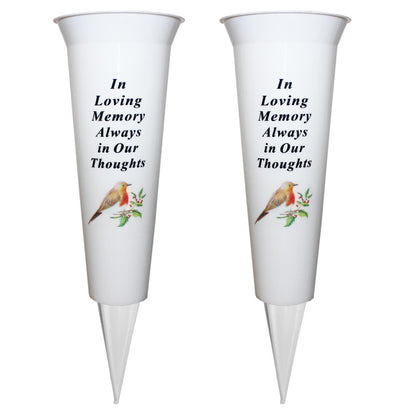 Set of 2 Memorial Grave Flower Pot - 33cm tall Sturdy White Memorial Graveside Flower Vase with Spike and Robin Image - In Loving Memory