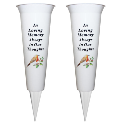 Set of 2 Memorial Grave Flower Pot - 33cm tall Sturdy White Memorial Graveside Flower Vase with Spike and Robin Image - In Loving Memory
