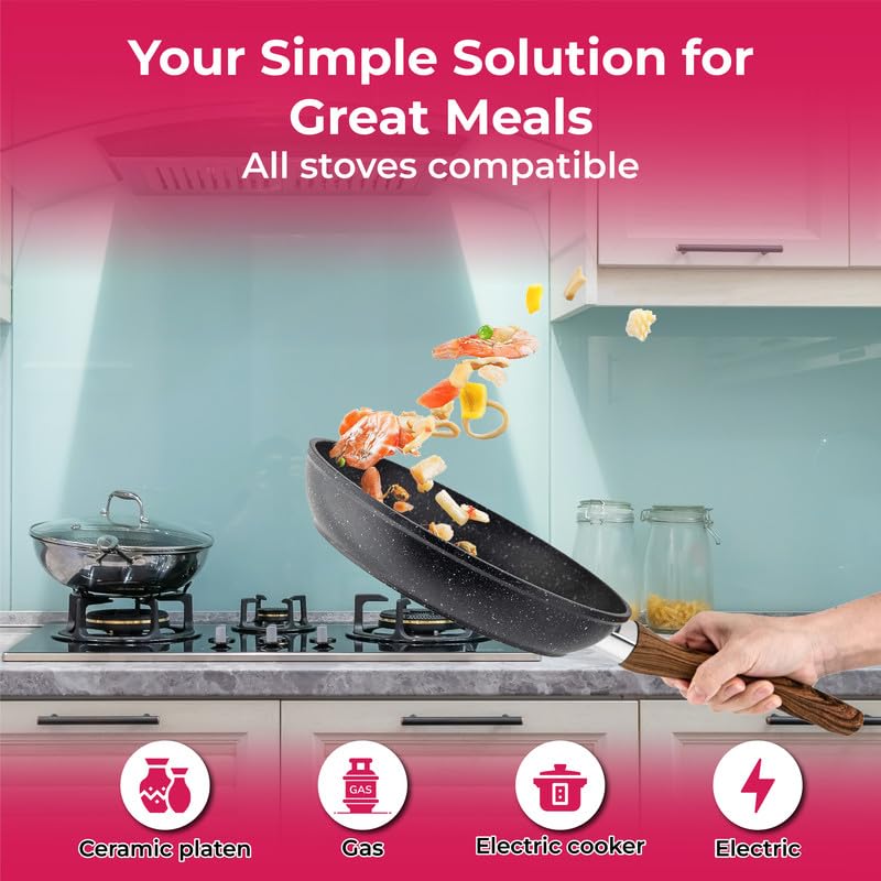 STL Frying Pan Non-Stick, Durable, Wooden Handle, Anti-Scratch Granite Coating, Compatible with Induction, Electric & Gas Hobs, Ergonomic Soft Grip
