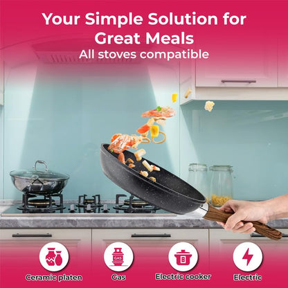 STL Frying Pan Non-Stick, Durable, Wooden Handle, Anti-Scratch Granite Coating, Compatible with Induction, Electric & Gas Hobs, Ergonomic Soft Grip