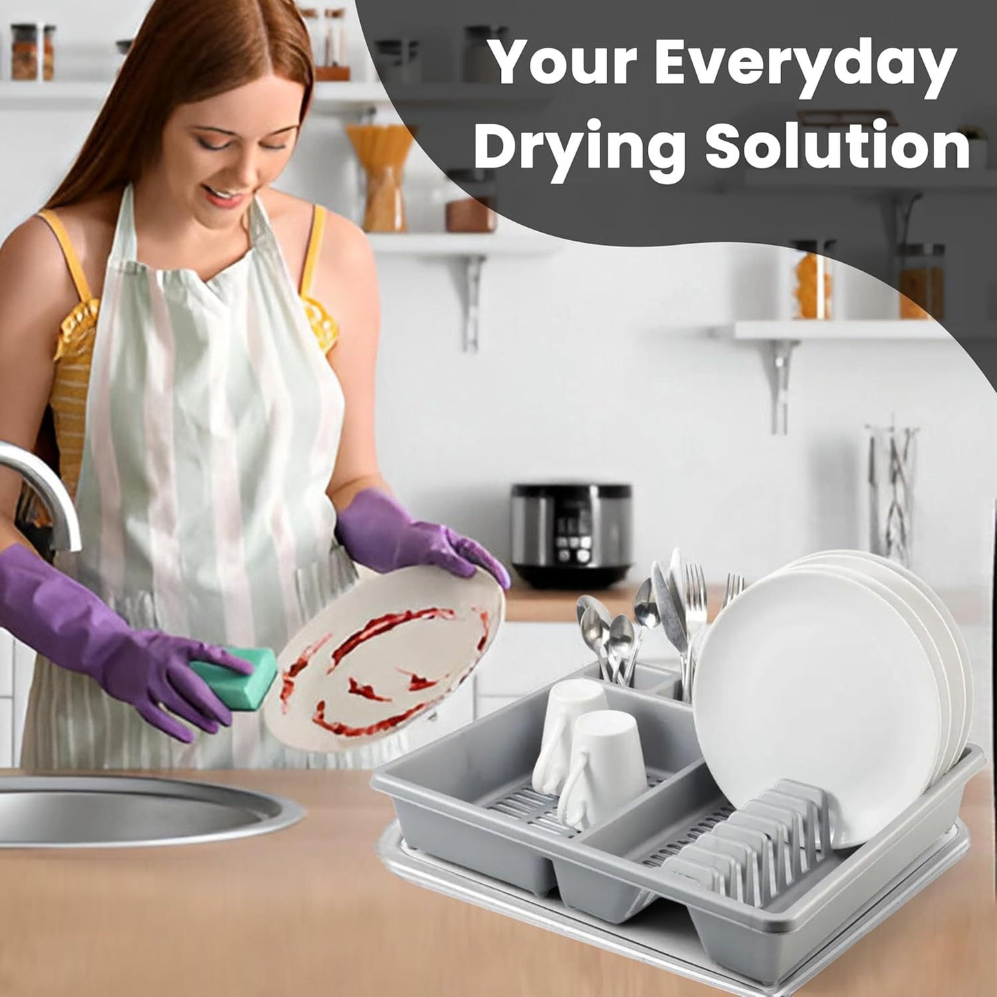 STL Plastic Dish Drainer with Anti-Drip Tray, Capacity for 13 Plates, 5 Color Options, Food Grade, BPA Free, Kitchen Organizer (Grey)