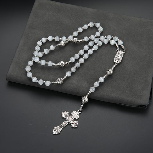 1 Fashionable and Elegant White Cat Eye Stone Round Bead Rose Beads String Cross Pendant Necklace for Men and Women