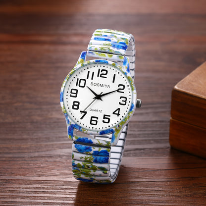 Bohemian Women'S Elastic Watch, Analog Quartz, Large Arabic Numerals Scale, Clear Easy to Read, Round Case, Printed Decorative Stainless Steel Stretch Strap, Suitable for Casual, Business, Mother'S Day Back-To-School Season Christmas Birthday Gift