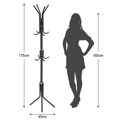 Coat Rack Stand 3-Tier 175cm Tall Metal Coat and Hat Stand with 12 Hooks for Living Room, Bedroom & Hallway