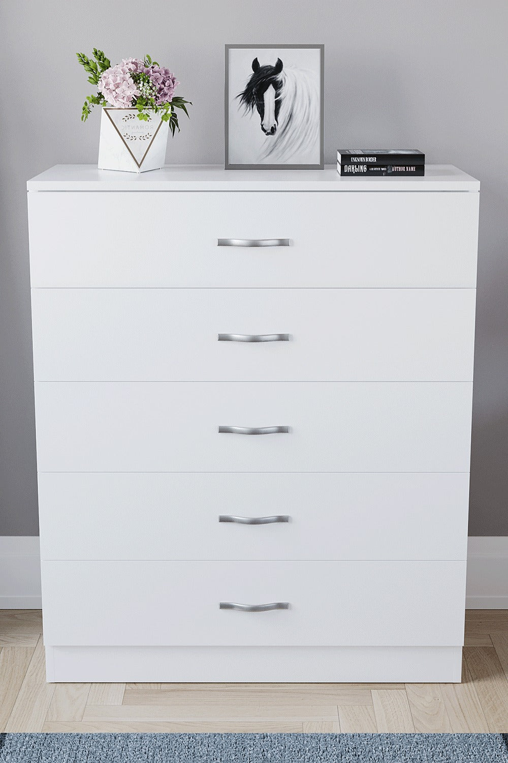 Chest of Drawers 5 Drawer Dresser with Metal Handles & Anti-Bowing Support, Bedroom Storage Furniture in White, Black, Grey & Pine – Spacious & Sturdy
