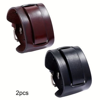 2pcs Easy Men'S Leather Bracelets Adjustable Friend Style Rock Wide Leather Bangle, Individual Versatile Men'S Accessory