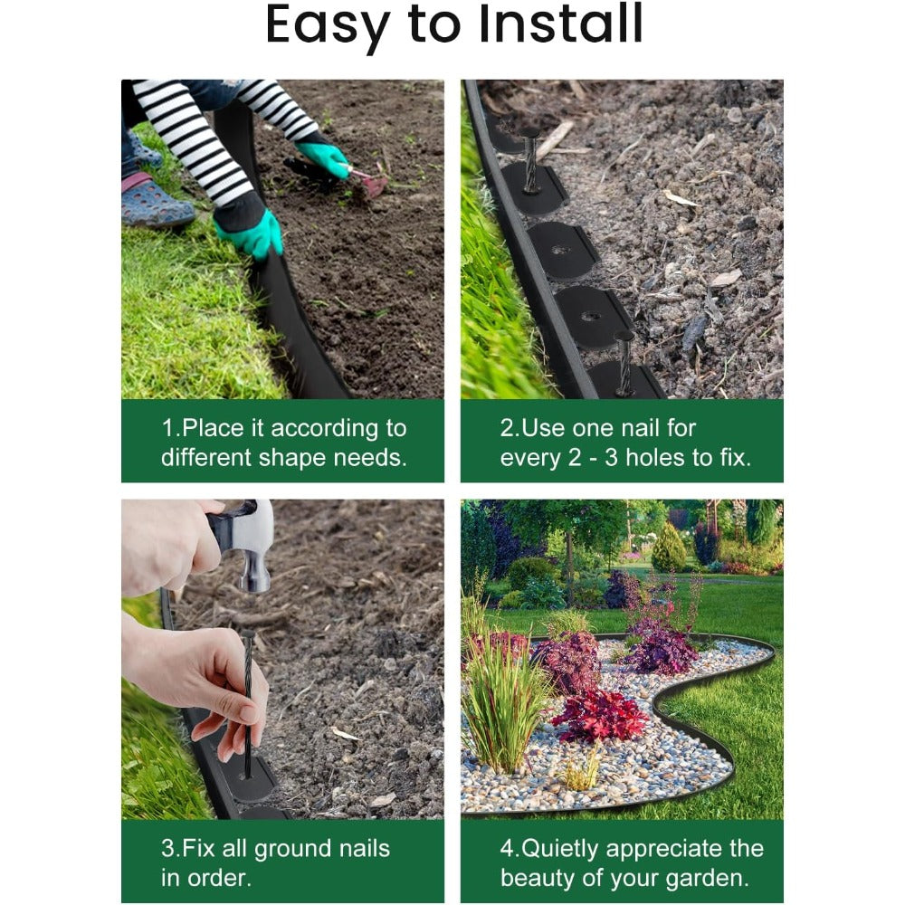 Garden Edging Borders 10m Landscape Edging Extra Tall 6cm High with 40pcs Stakes No Dig Garden Border Lawn Edging Mini Plastic Fence for Flowerbeds Grass (Black and Green)