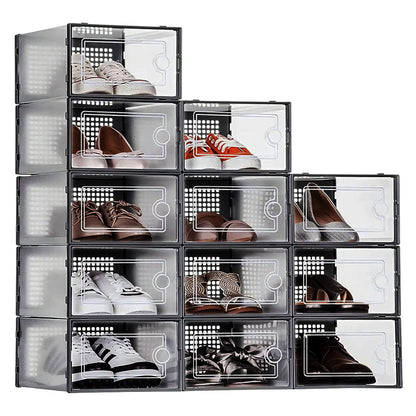 Pack of 12 Stackable Shoe Organizers Shoe Storage Boxes with Dustproof Doors, Large Shoe Boxes Transparent Foldable Shoe Storage Cabinet, Portable Space-saving Shoe Box, Under Bed Shoe Containers, Versatile Footwear Containers Holder for Entryway, Closet,