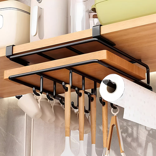 Black, Kitchen with Hook Storage Rack, Cabinet Bottom Storage Rack, Non Perforated Cabinet Door Top Shelf, Cup Holder, Sturdy And Durable, Strong Load-Bearing Capacity, Suitable for Kitchen Utensils Such As Cutting Boards, Tissues, Cloths, Etc