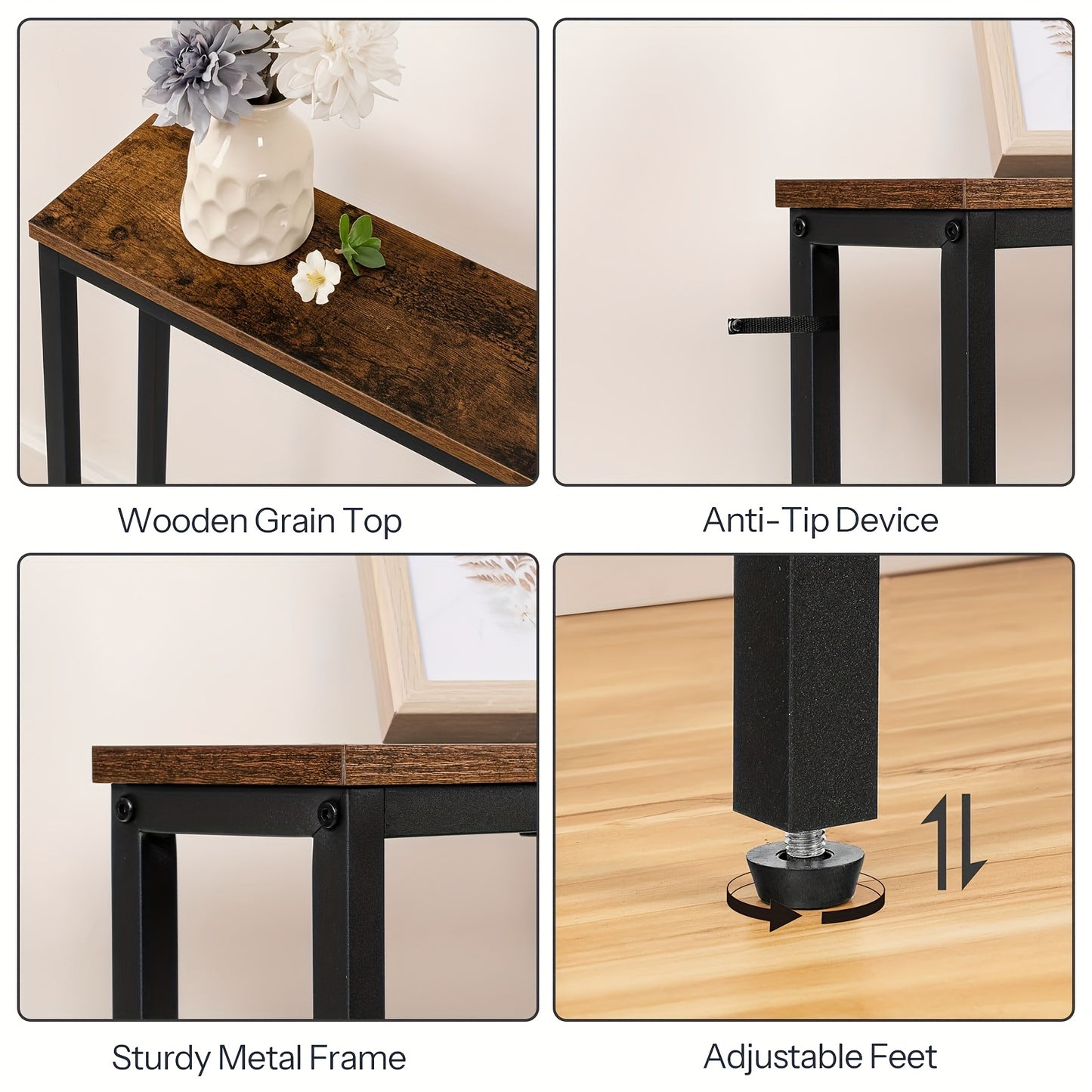 Narrow Console Table With Charging Station, 160 Cm Behind Sofa Couch Table, Long Hallway Table, Slim Console Table For Hallway, Entryway, Living Room, Rustic Brown And Black