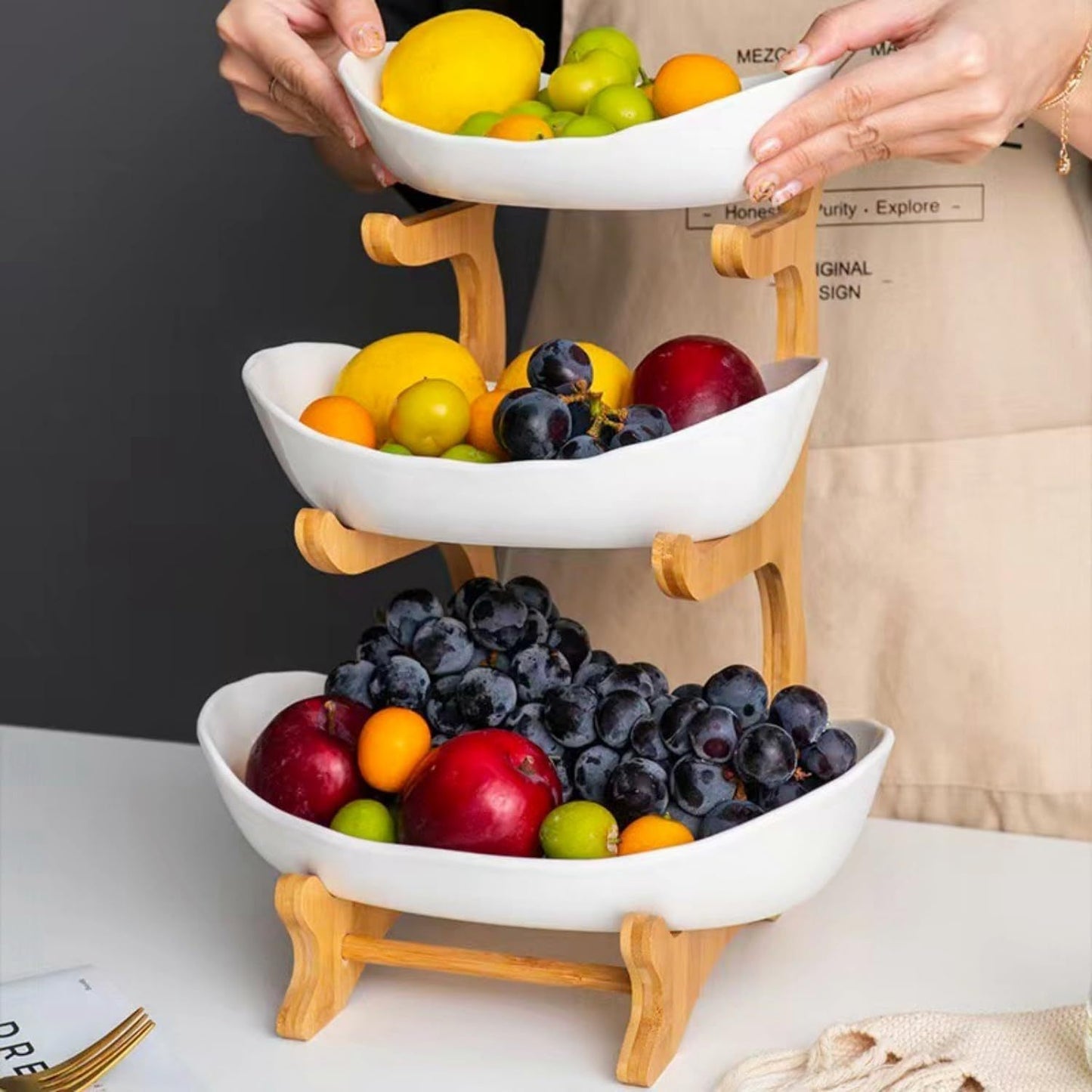 Wooden 3-Tier Fruit and Vegetable Basket with Wooden Legs - Versatile Kitchen Organizer for Fruits, Vegetables, and Iced Food - Perfect for Refrigerator Storage, Fruit Basket for Kitchen
