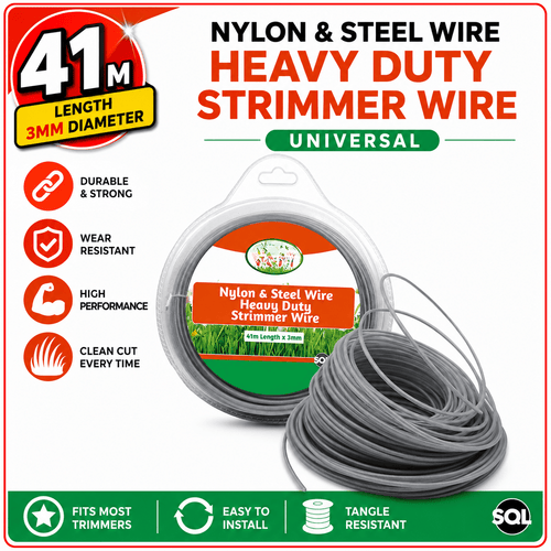 41m Universal Steel Strimmer Wire 3mm | Nylon Steel Trimmer Line Heavy Duty | Grass & Weed Trimmer Wire | Garden Brush Cutter Replacement Line