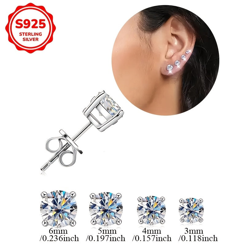 925 Sterling Silvery Synthetic Zirconia Stud Earrings Round 0.1-0.8Ct White 3/4/5/6mm Daily Wear Trendy for Women Accessories Female Gift