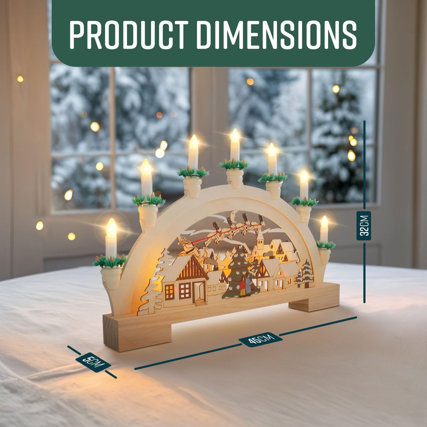 GloBrite Wooden Candle Bridge Decoration with 7 Warm White LED Candles - Indoor Christmas Window Decor, Battery Operated - 45cm x 32cm x 5cm, Multicolour