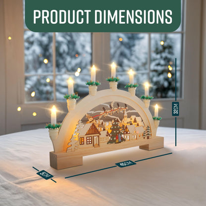 GloBrite Wooden Candle Bridge Decoration with 7 Warm White LED Candles - Indoor Christmas Window Decor, Battery Operated - 45cm x 32cm x 5cm, Multicolour