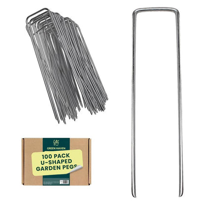 Green Haven Garden Pegs - Pack of 100 Heavy Duty Galvanised Garden Stakes, U-Shaped Weed Membrane Pegs, Galvanised Metal Stakes for Netting, Artificial Grass, Landscaping & Weed Barrier Fabric