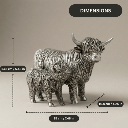 Silver Highland Cow & Calf Statue Ornament Sculpture – Resin Farm Animal Figurine, Country Rustic Home Decor Shelf Display Gift for Family, Mum, Grandma
