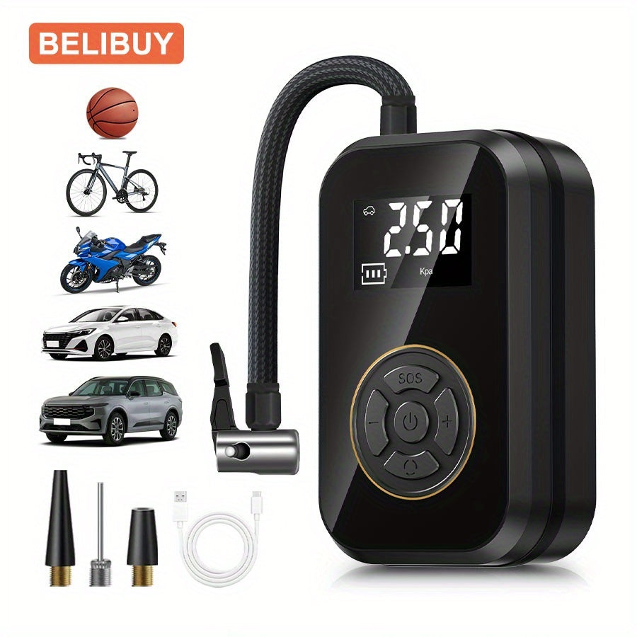 Tire Inflator Portable Air Compressor, Rechargeable Air Pump for Car Tires, Electric Bicycle Tire Air Pump with Digital Pressure Gauge for Motorcycle, Car, Ball Car, Bicycle