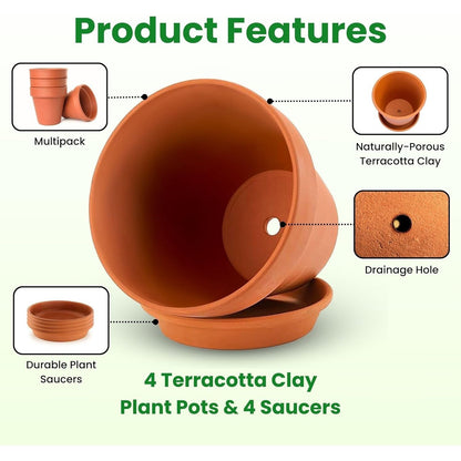 Clay Pots for Plants with Saucer - Terracotta Plant Pots with Drainage Hole, Pots for Plants for Indoor/Outdoor Use
