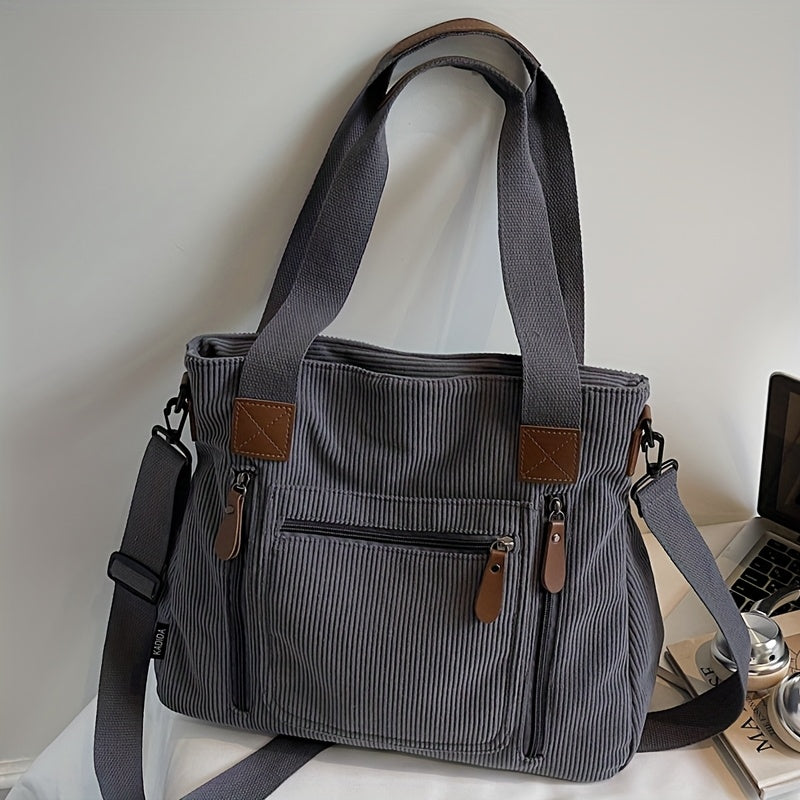 Corduroy Tote Bag Women Large Capacity – Adjustable Shoulder Strap, Multi-Pocket Crossbody Handbag for Work, Shopping & Daily Commute | Beige Vintage Style