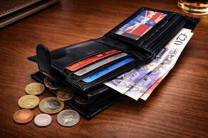 Men's Genuine Leather RFID Blocking Bifold Wallet – 7 Card Slots, ID Window, Zip Coin Pocket & Note Pockets | Slim Black Wallet for Men | Free UK Delivery