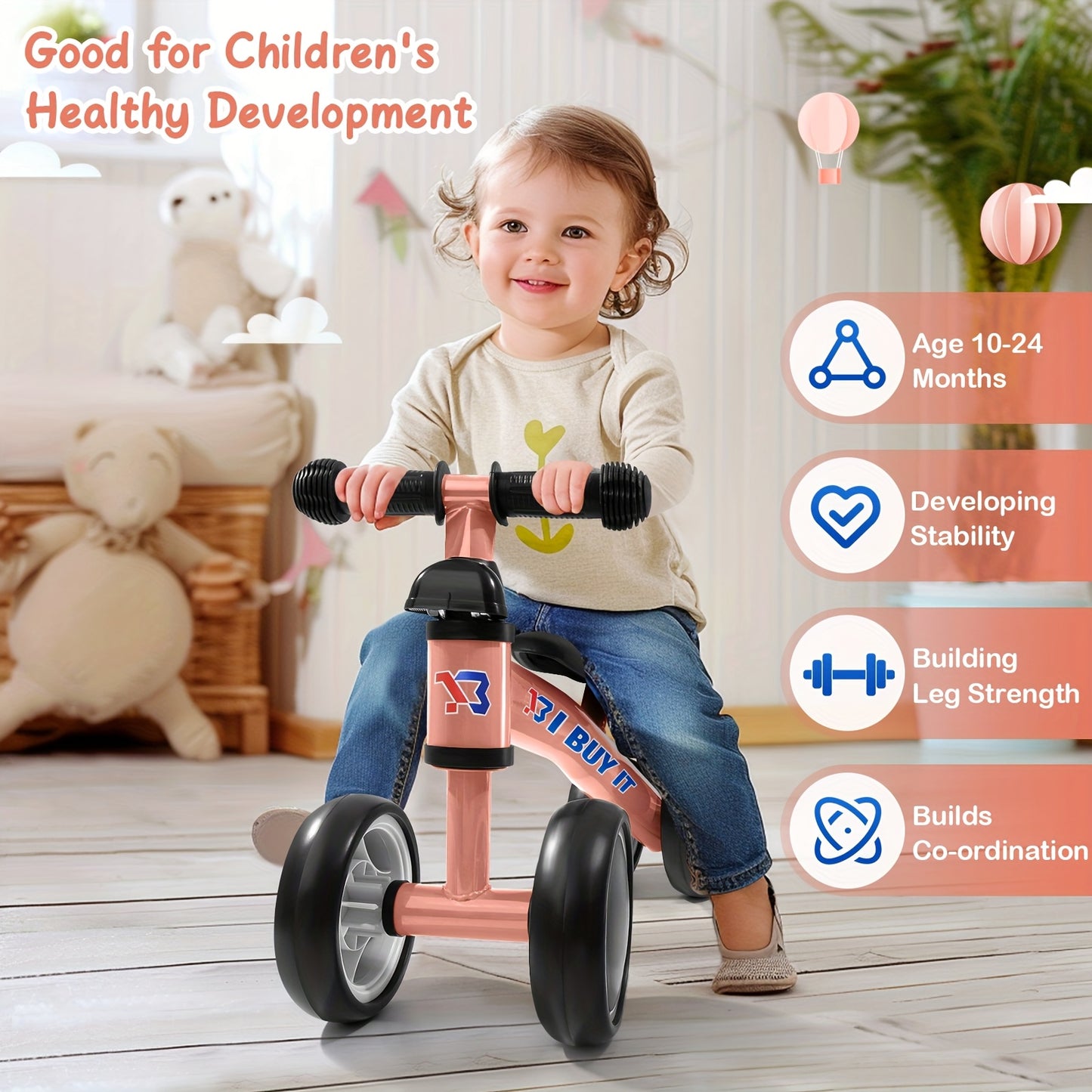 I Purchase a Baby Balance Bike That Is Lightweight And Designed for Toddlers, Featuring a Robust Frame And a Wide Base. It Comes in Four Colors: Pink, Red, Green, And Blue