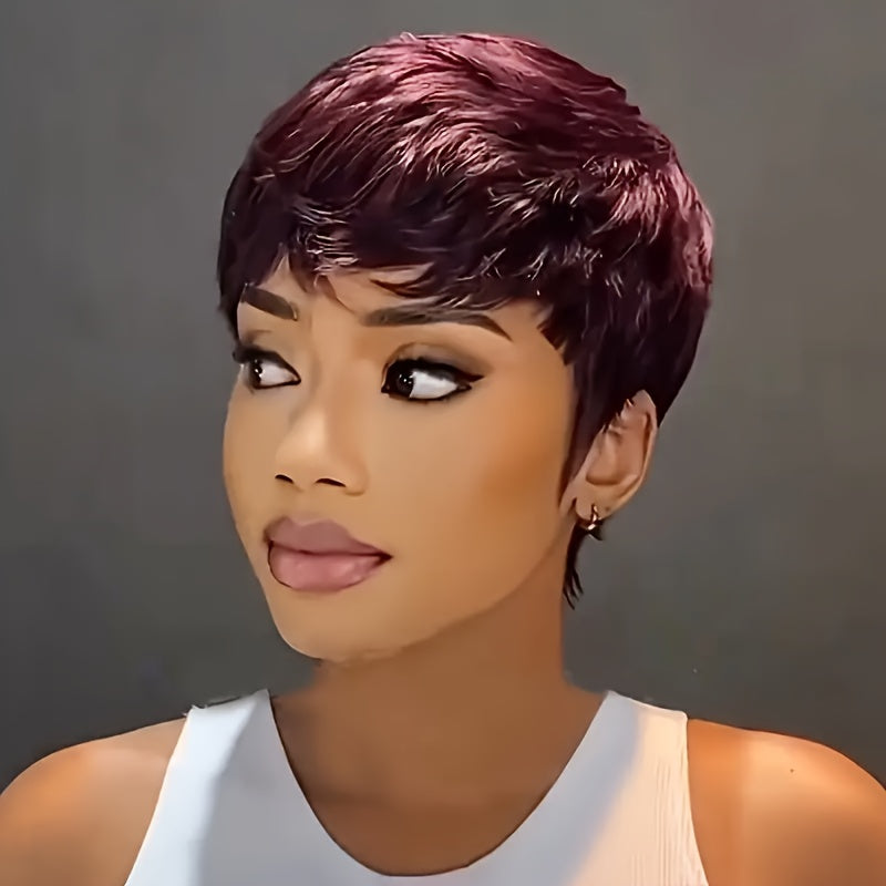 [Brazilian Wig] Brazilian Density Red 99J Burgundy/1B Color Human Hair Wig | 15.24 cm Pixie Cut Human Hair Wig with Bangs for Women Layered Wigs for Halloween Party And Comic Exhibitions