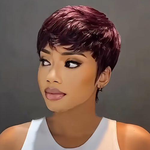[Brazilian Wig] Brazilian Density Red 99J Burgundy/1B Color Human Hair Wig | 15.24 cm Pixie Cut Human Hair Wig with Bangs for Women Layered Wigs for Halloween Party And Comic Exhibitions