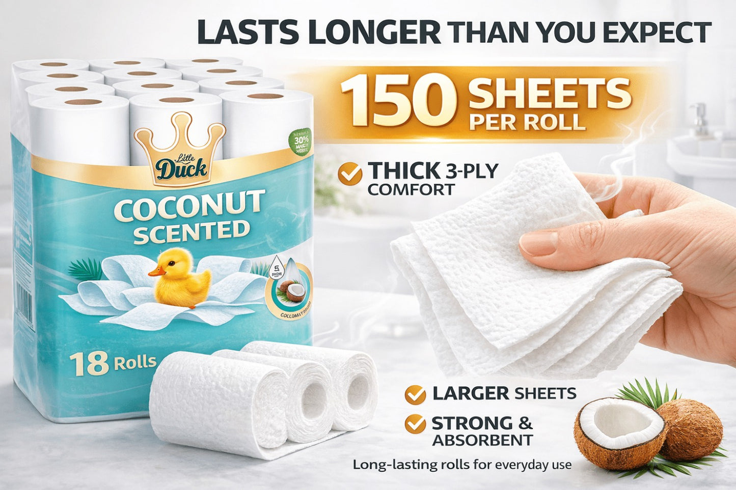 Coconut Scented Toilet Rolls 18 Pack – Soft Strong 3 Ply Toilet Paper with Fresh Fragrance for Home Bathrooms | Absorbent & Gentle, Everyday Value Bulk Pack