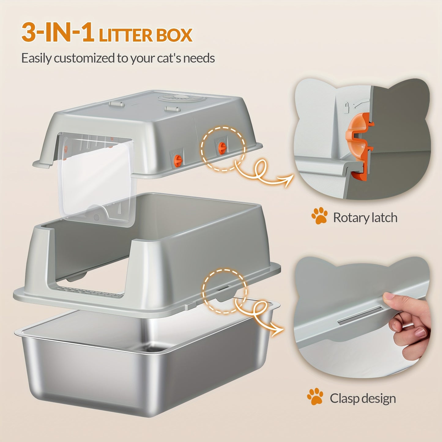 Stainless Steel Litter Tray with Lid, Enclosed Litter Box, Hinged Lid for Easy Cleaning, Includes Pedal And Scoop, Modular Design, 61L X 41W X 40H Cm, Light Grey