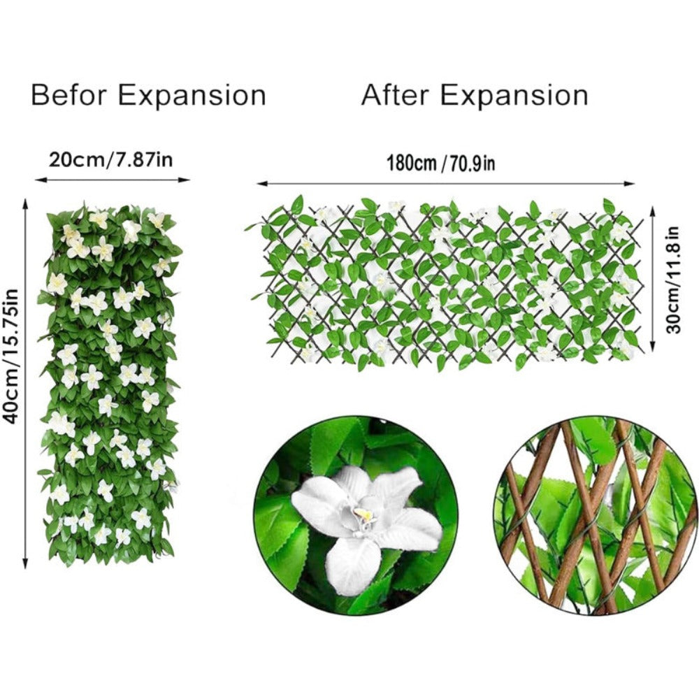 Artificial Ivy Hedge Panel Expandable 180x30cm – Faux Leaf Garden Fence Privacy Screen with Flowers, Stretchable Trellis Backdrop for Balcony, Garden & Outdoor Decoration in Purple or White