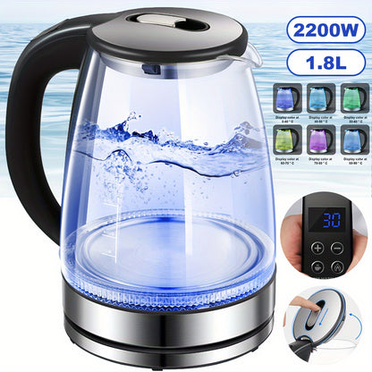 1.8L Electric Kettle Glass Smart Attemperation LED Lighting Portable Jug 2200W Fast Boil Swivel Base 7 Colors Change Lights Temperature Control
