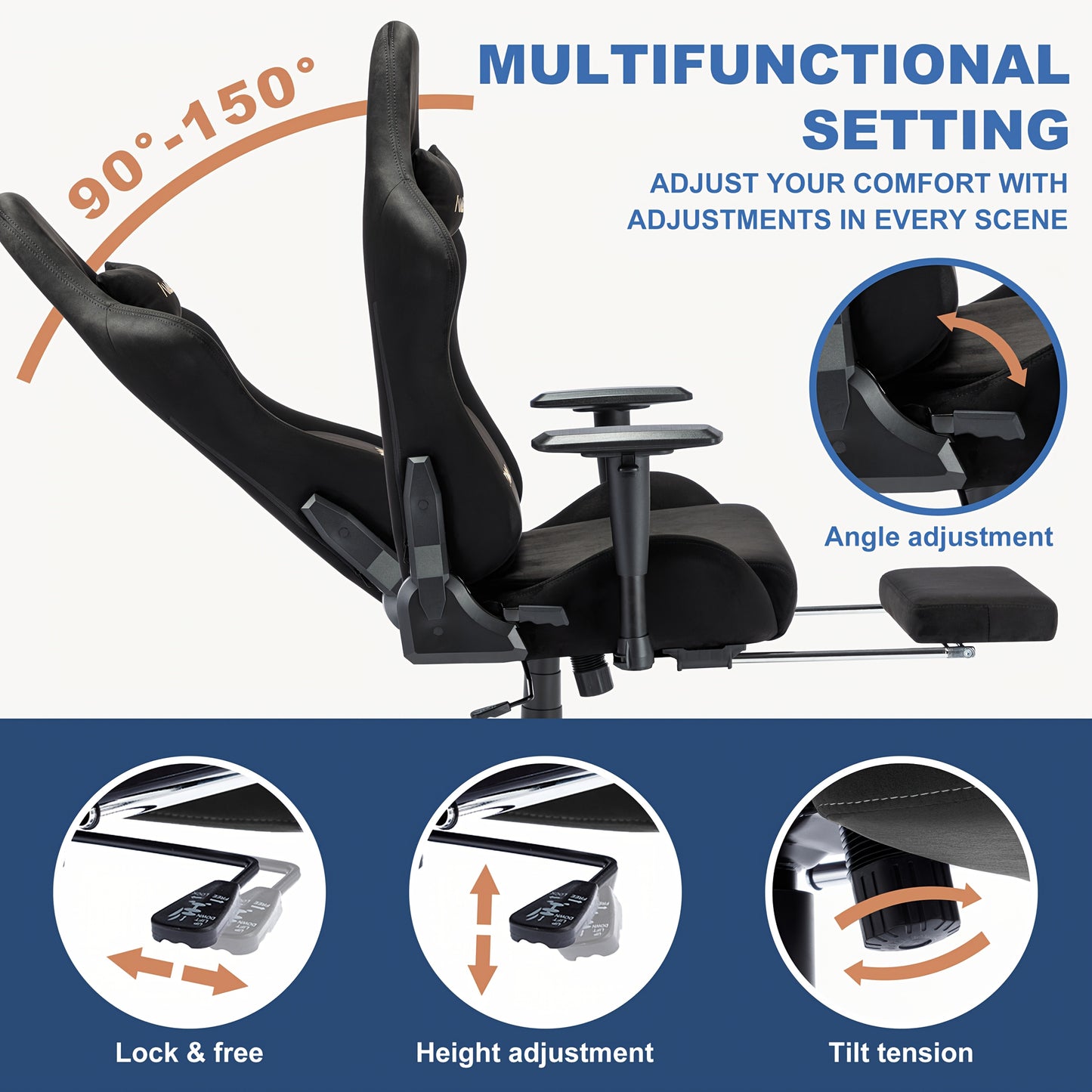 ANDYOU Gaming Chair, Breathable Office Chair, High Quality Fabric Soft Like Faux Fur. Ergonomic PC Chair, Adjustable Swivel Work Chairs with Footrest