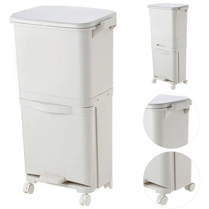 38L Rolling Dual Compartment Waste Bin with Casters – Wet & Dry Separation Rubbish Bin for Office & Living Room, Sturdy Plastic, 42x28x73cm