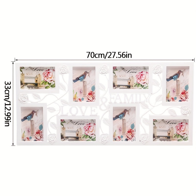 Elegant White Floral & Bird Design Photo Frame - Modern Wall-Mounted Display, Holds 8 Pictures, Easy No-Damage Installation, Perfect for Living Room & Office Decor
