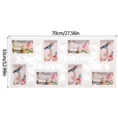 Elegant White Floral & Bird Design Photo Frame - Modern Wall-Mounted Display, Holds 8 Pictures, Easy No-Damage Installation, Perfect for Living Room & Office Decor