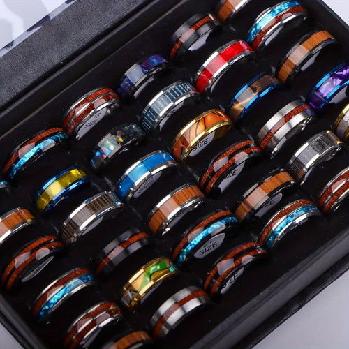 10 Retro Fashion Shiny Multicolor Shell Wood Grain Stainless Steel Rings, Exquisite Men'S Jewelry, Daily Holiday Banquet Party Wear Birthday Anniversary Gift Random Style Delivery Without Box