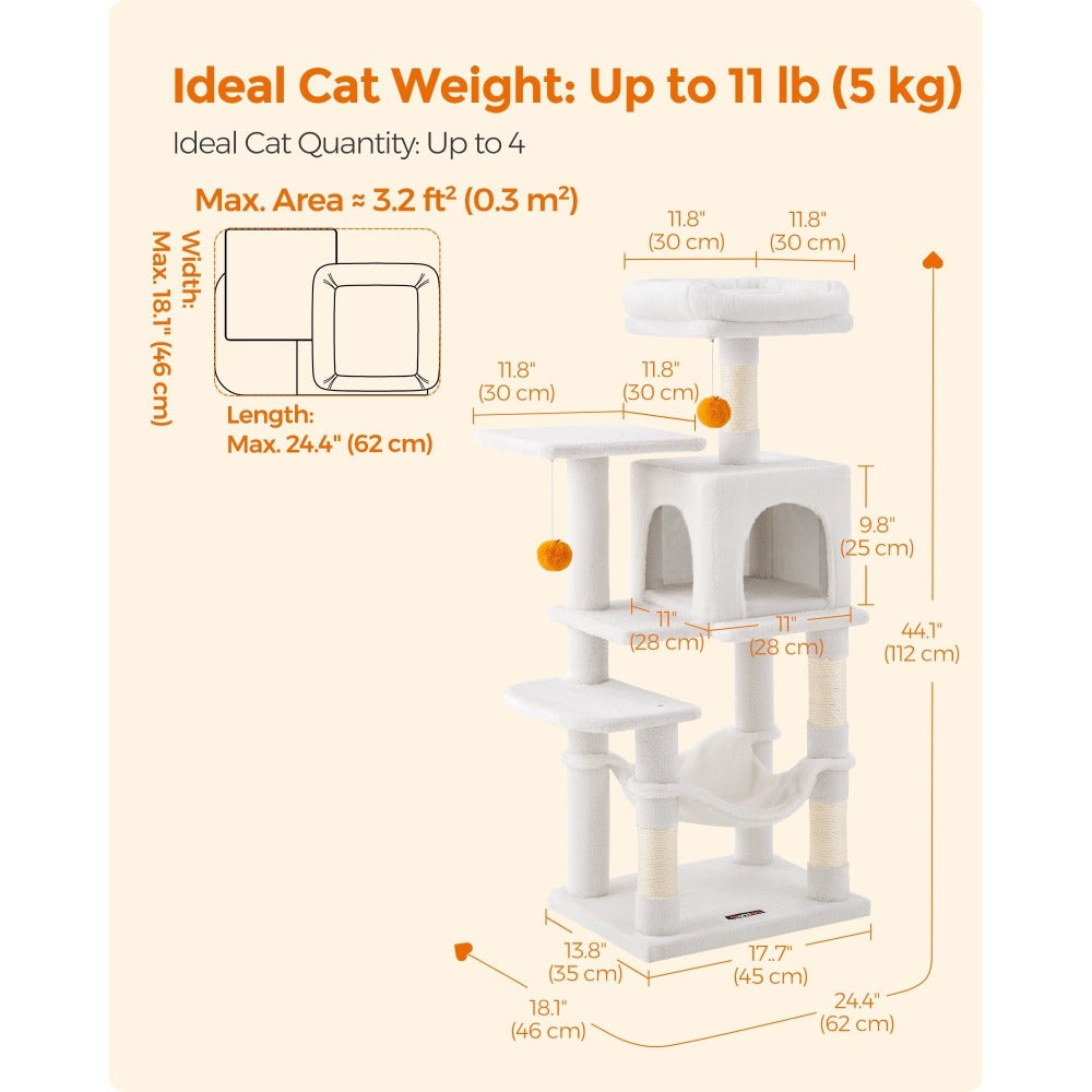 112cm Cat Tree Multi-Level Plush Tower Condo with 4 Scratching Posts, Hammock, Cave & Platforms – Stair-Step Design with Hanging Toys | Easy Assembly Indoor Cat Furniture | Pink White Beige Grey | UK